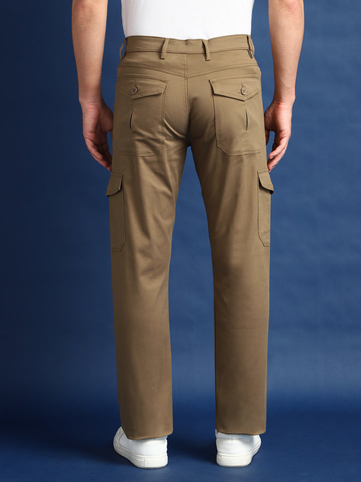Men Khaki Solid Cotton Stretchable Straight Fit Cargo Pant