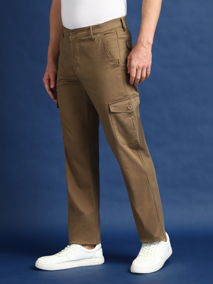 Men Khaki Solid Cotton Stretchable Straight Fit Cargo Pant