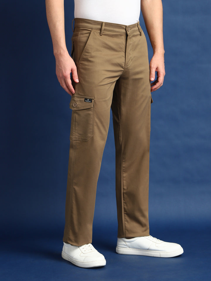 Men Khaki Solid Cotton Stretchable Straight Fit Cargo Pant
