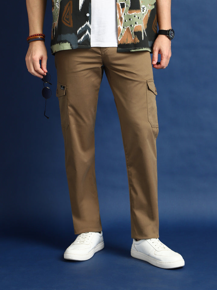 Men Khaki Solid Cotton Stretchable Straight Fit Cargo Pant