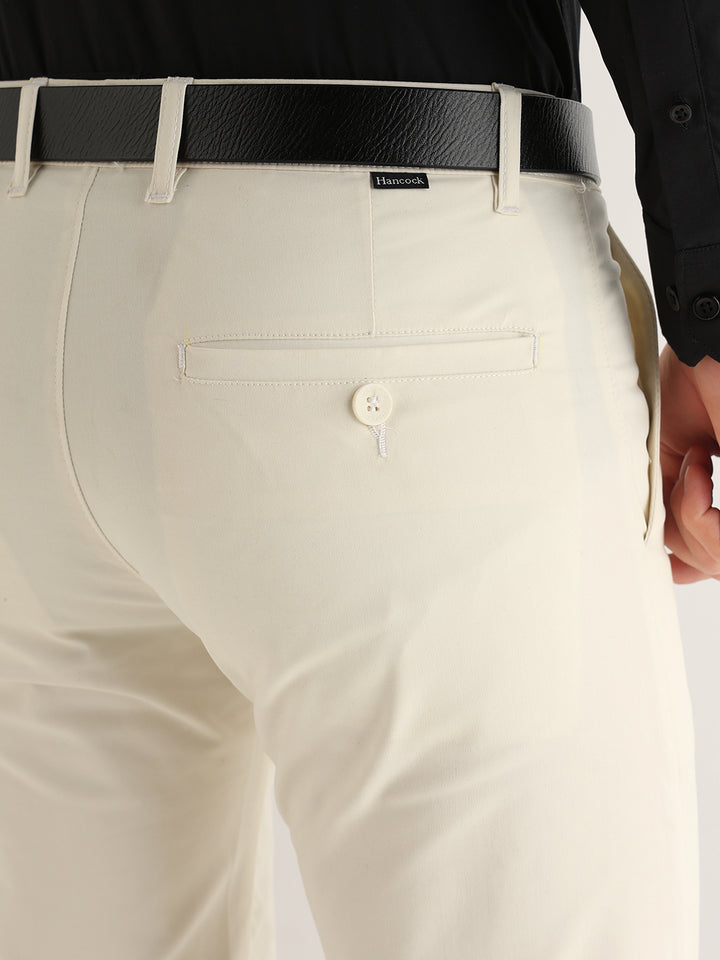 Hancock   Men   Ivory   Solids   Cotton Elastane   Slim Fit   Formal   Trouser
