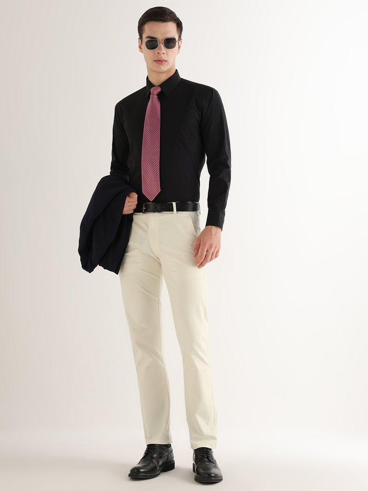 Hancock   Men   Ivory   Solids   Cotton Elastane   Slim Fit   Formal   Trouser