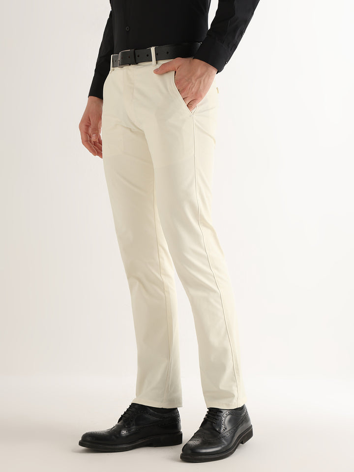Hancock   Men   Ivory   Solids   Cotton Elastane   Slim Fit   Formal   Trouser