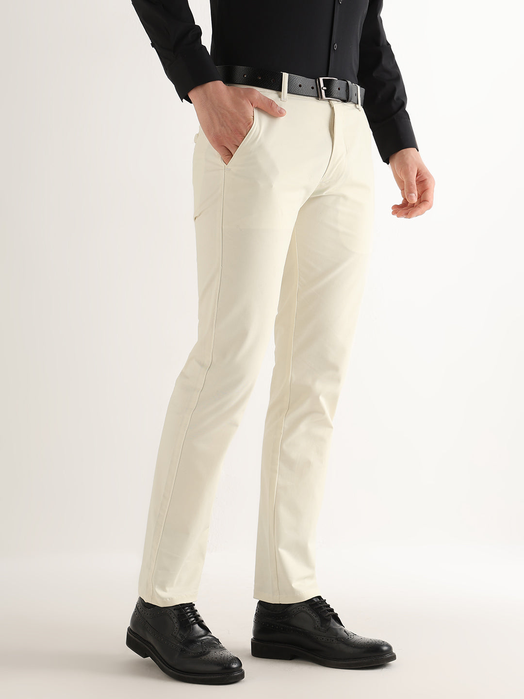 Hancock   Men   Ivory   Solids   Cotton Elastane   Slim Fit   Formal   Trouser