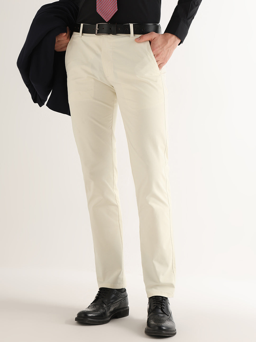 Hancock   Men   Ivory   Solids   Cotton Elastane   Slim Fit   Formal   Trouser