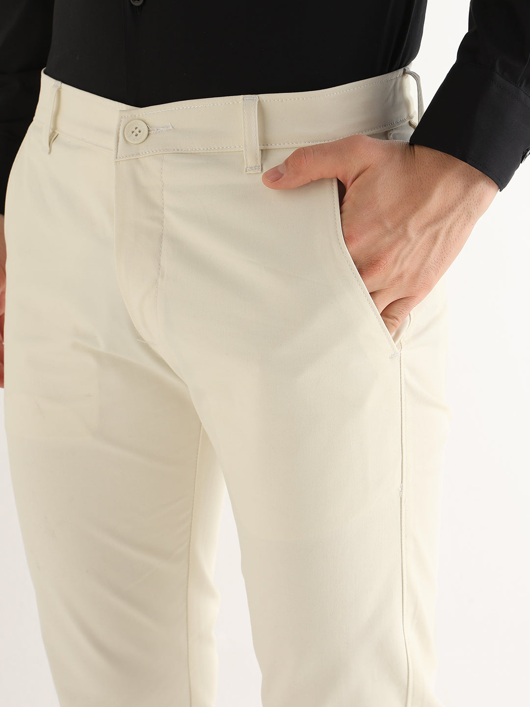 Hancock   Men   Ivory   Solids   Cotton Elastane   Slim Fit   Formal   Trouser