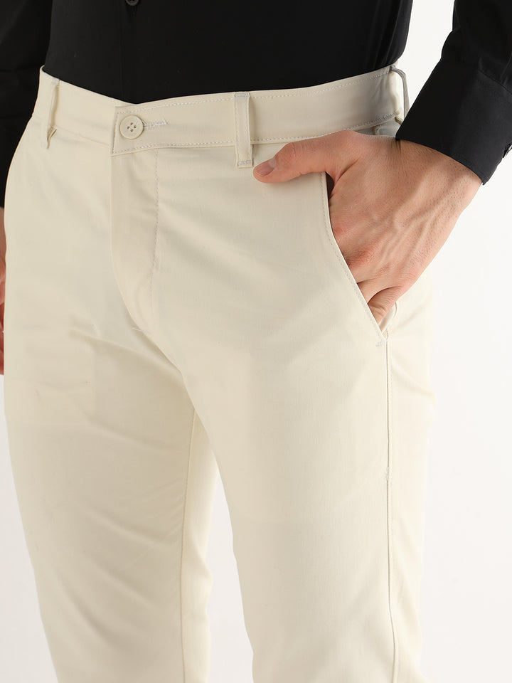 Hancock   Men   Ivory   Solids   Cotton Elastane   Slim Fit   Formal   Trouser