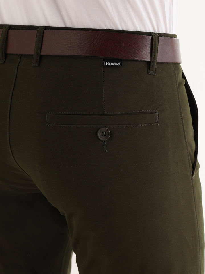 Hancock   Men   Seaweed Green   Solids   Cotton Elastane   Slim Fit   Formal   Trouser