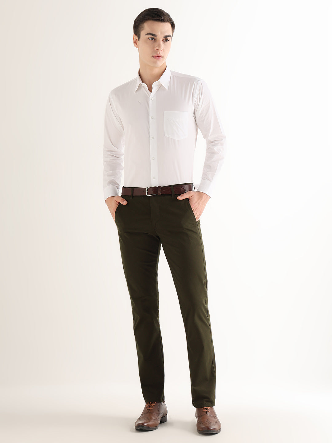 Hancock   Men   Seaweed Green   Solids   Cotton Elastane   Slim Fit   Formal   Trouser