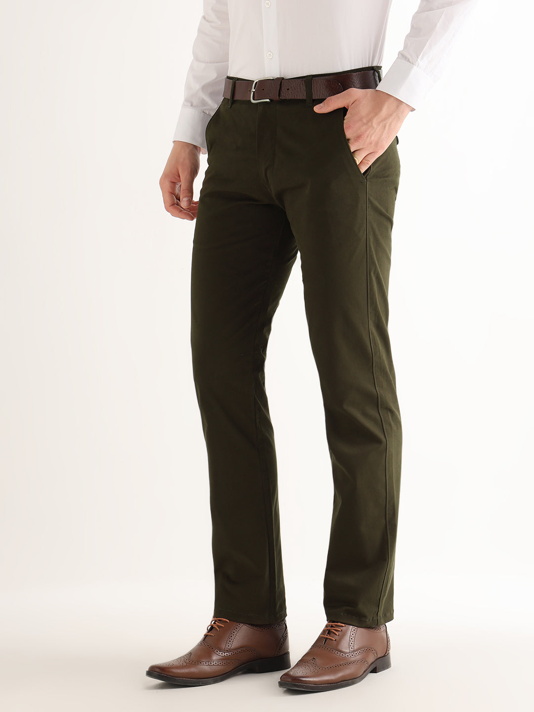 Hancock   Men   Seaweed Green   Solids   Cotton Elastane   Slim Fit   Formal   Trouser