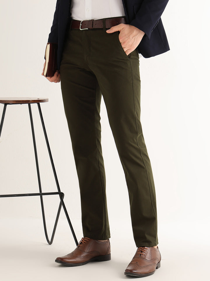 Hancock   Men   Seaweed Green   Solids   Cotton Elastane   Slim Fit   Formal   Trouser
