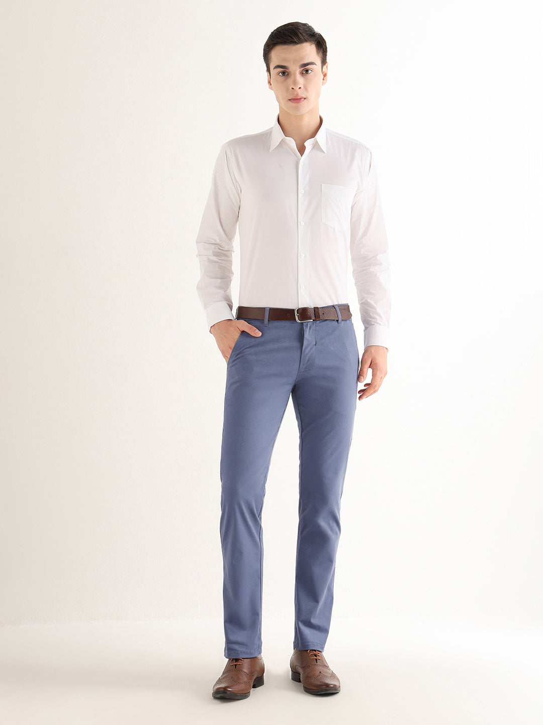 Hancock   Men   Slate Blue   Solids   Cotton Elastane   Slim Fit   Formal   Trouser