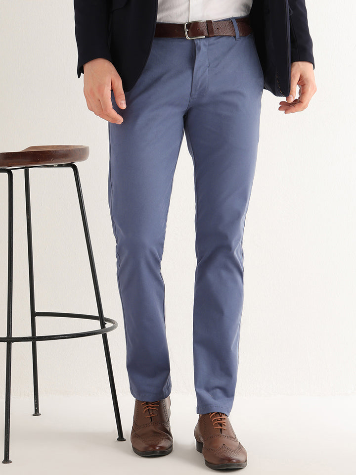 Hancock   Men   Slate Blue   Solids   Cotton Elastane   Slim Fit   Formal   Trouser