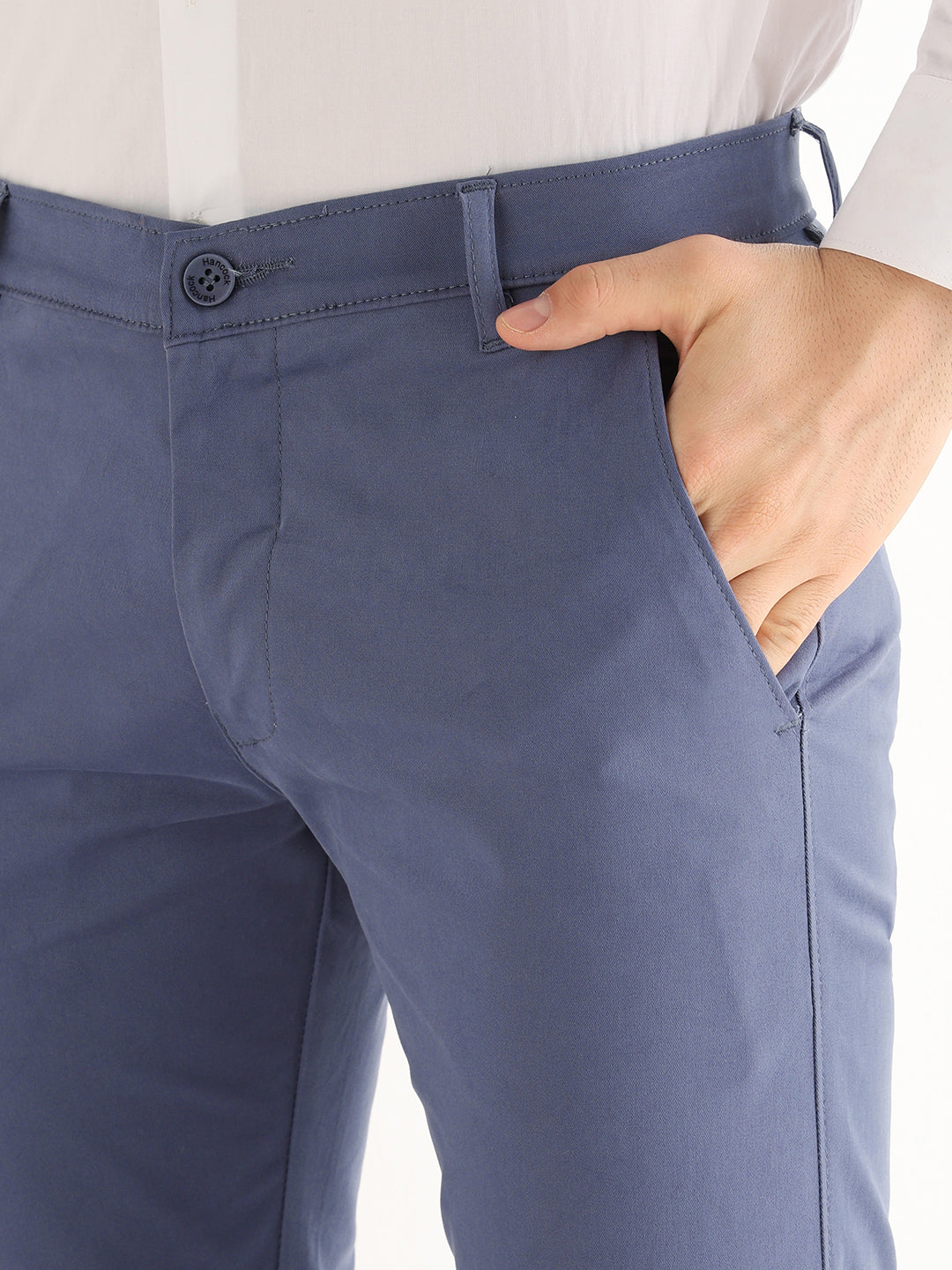 Hancock   Men   Slate Blue   Solids   Cotton Elastane   Slim Fit   Formal   Trouser