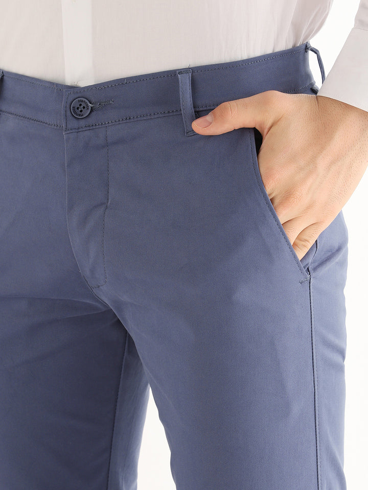 Hancock   Men   Slate Blue   Solids   Cotton Elastane   Slim Fit   Formal   Trouser