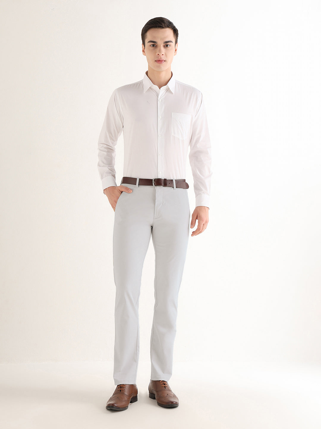 Hancock   Men   Smoke Grey   Solids   Cotton Elastane   Slim Fit   Formal   Trouser