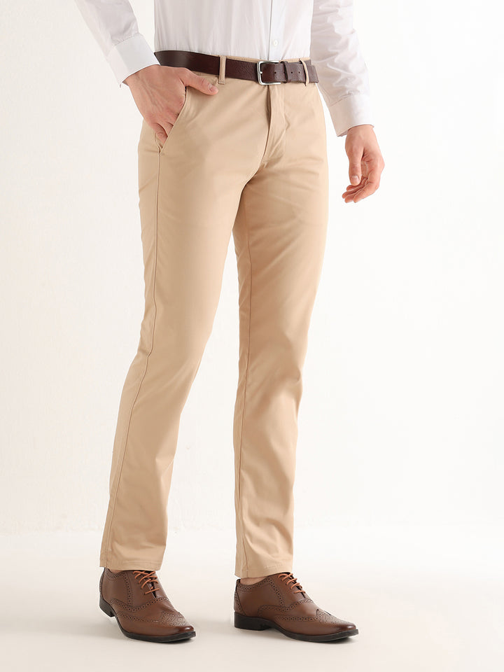 Hancock   Men   Tan   Solids   Cotton Elastane   Slim Fit   Formal   Trouser