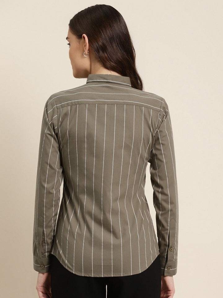Women Olive Stripes Pure Cotton Plus Size Formal Shirt
