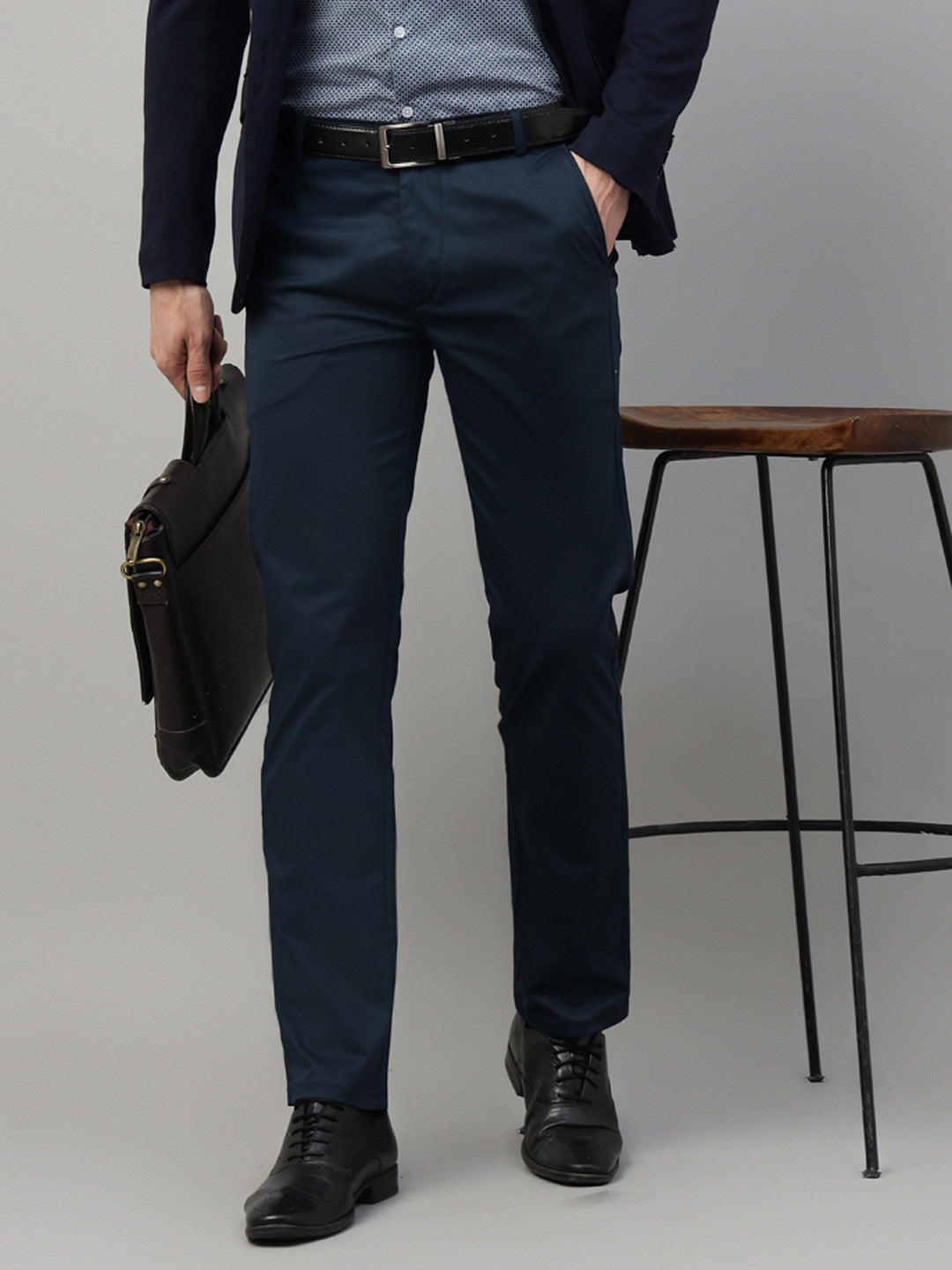 Hancock Men Navy Blue Solid Cotton Elastane Slim Fit Formal Trouser