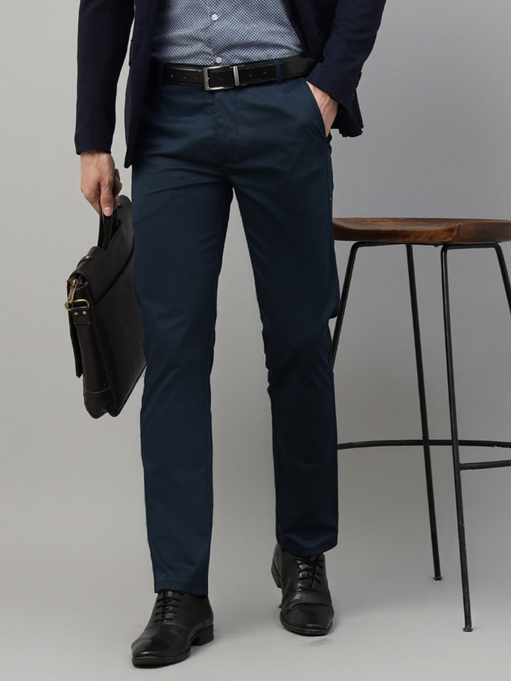 Hancock Men Navy Blue Solid Cotton Elastane Slim Fit Formal Trouser