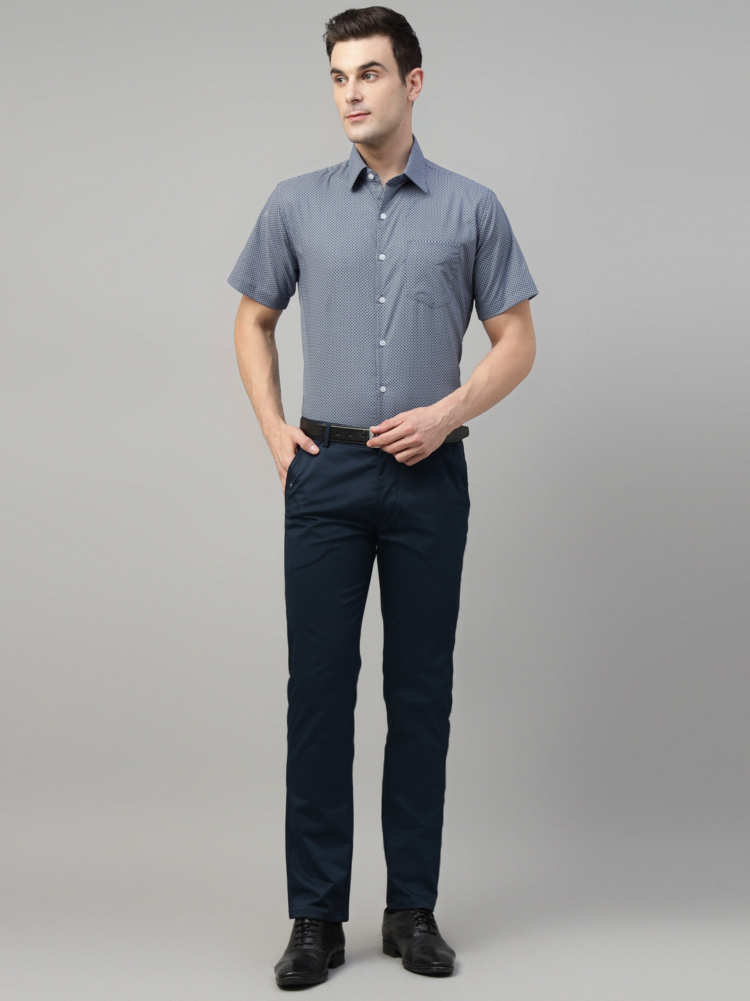 Hancock Men Navy Blue Solid Cotton Elastane Slim Fit Formal Trouser