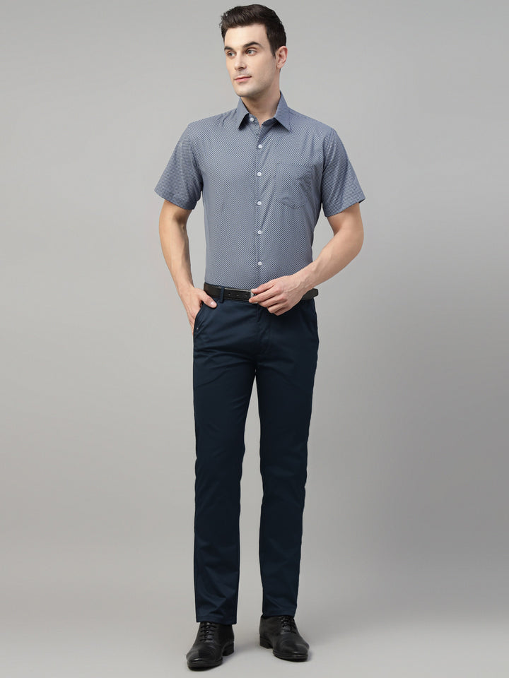 Hancock Men Navy Blue Solid Cotton Elastane Slim Fit Formal Trouser
