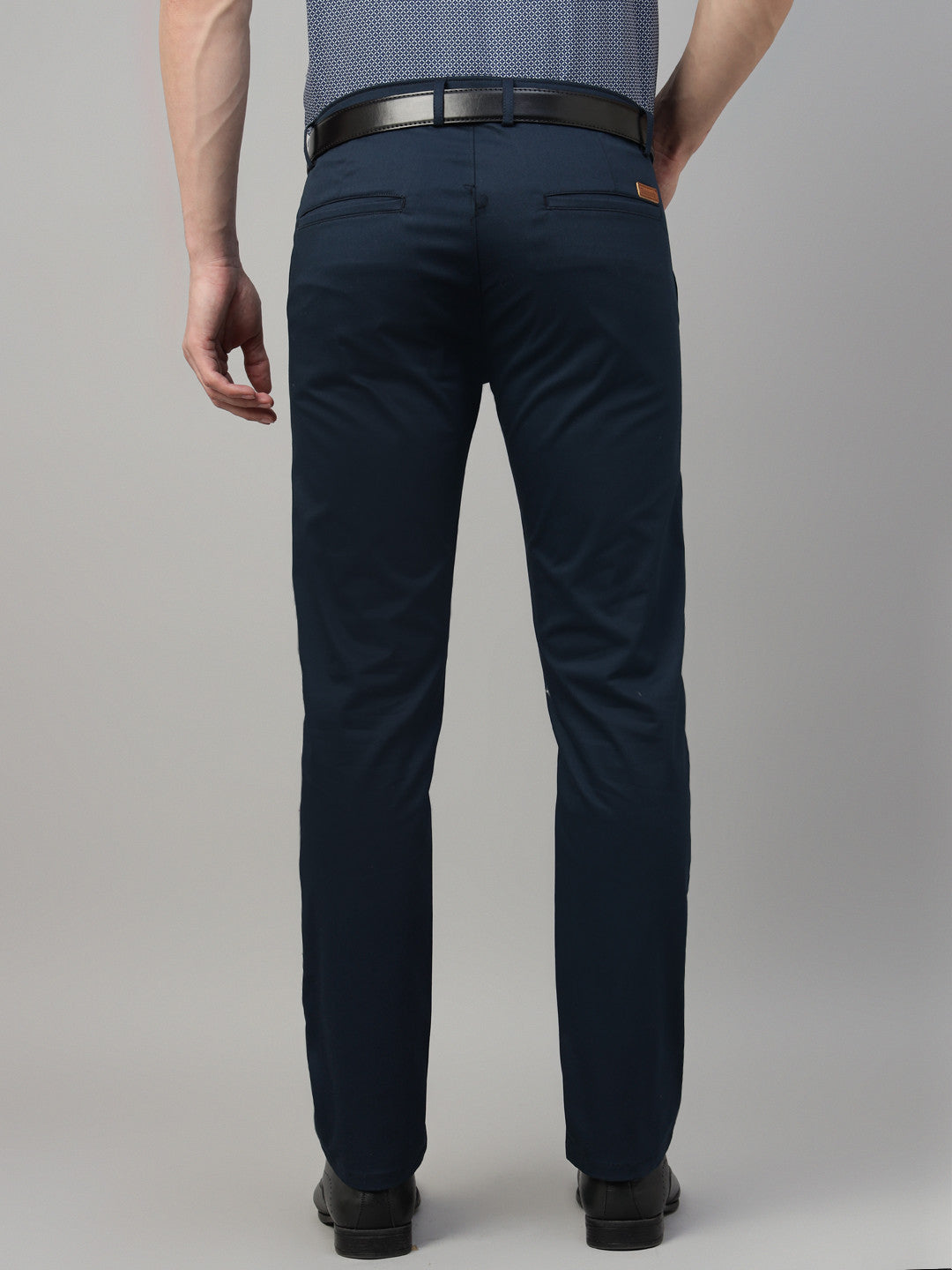 Hancock Men Navy Blue Solid Cotton Elastane Slim Fit Formal Trouser