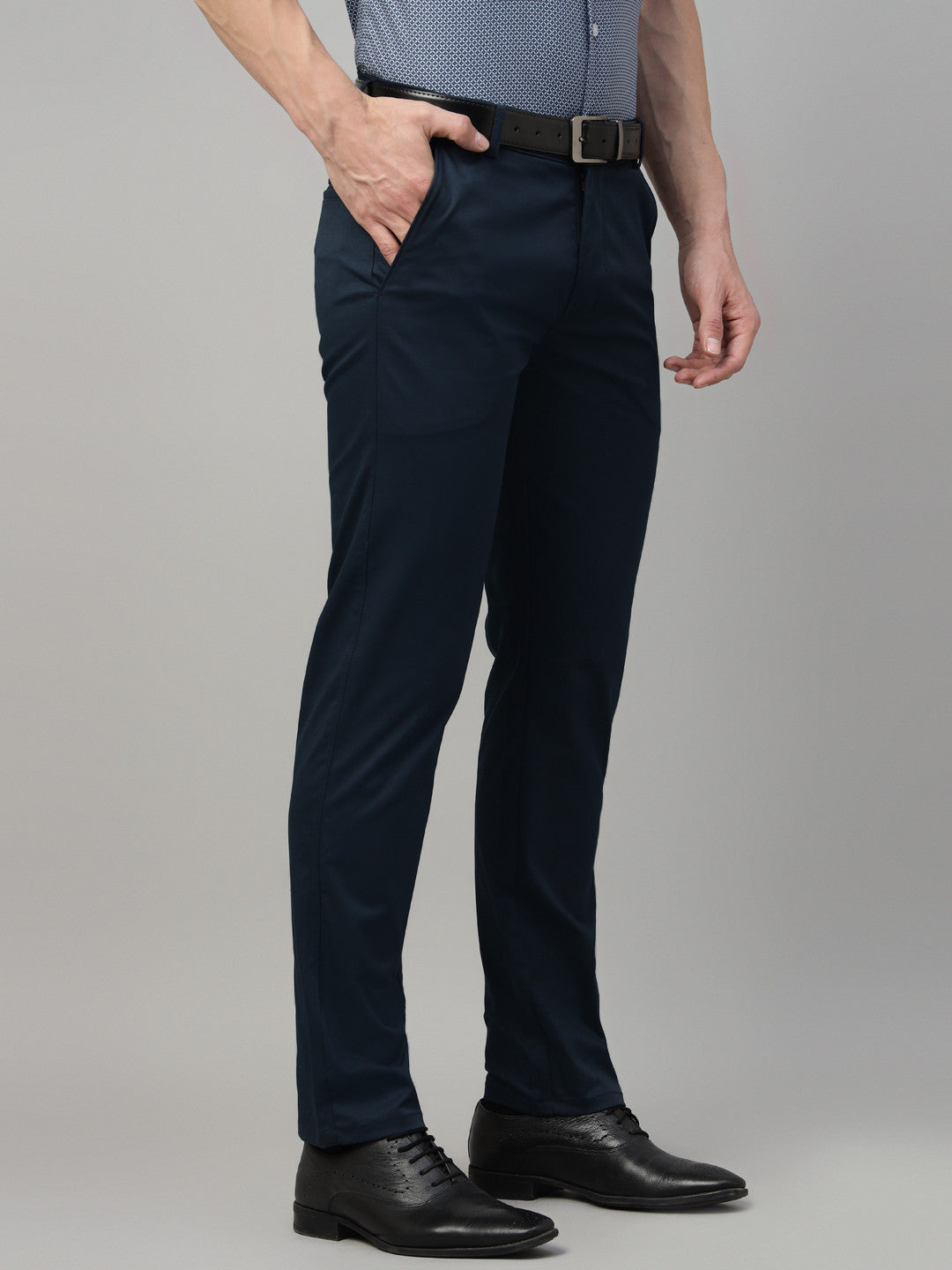 Hancock Men Navy Blue Solid Cotton Elastane Slim Fit Formal Trouser