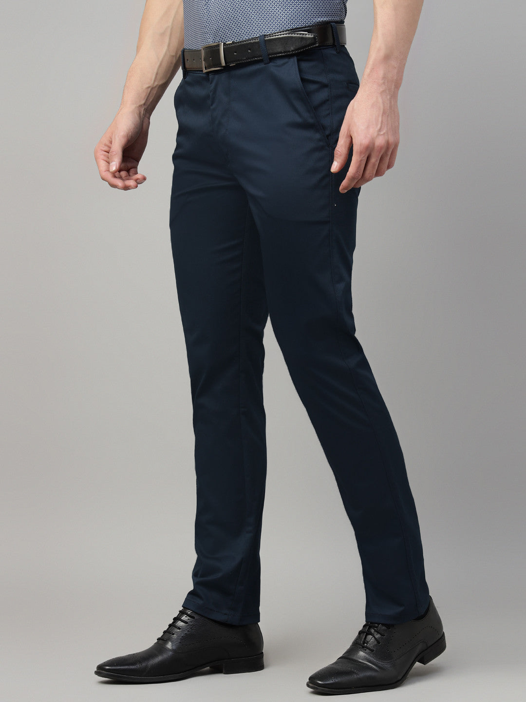 Hancock Men Navy Blue Solid Cotton Elastane Slim Fit Formal Trouser