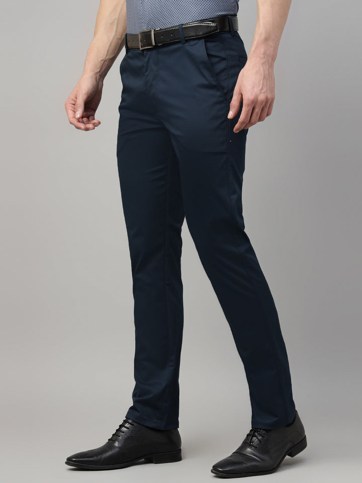 Hancock Men Navy Blue Solid Cotton Elastane Slim Fit Formal Trouser