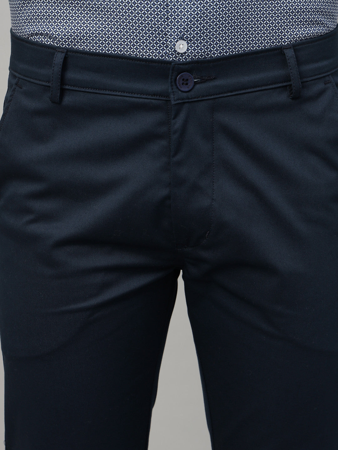 Hancock Men Navy Blue Solid Cotton Elastane Slim Fit Formal Trouser