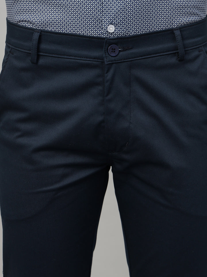 Hancock Men Navy Blue Solid Cotton Elastane Slim Fit Formal Trouser