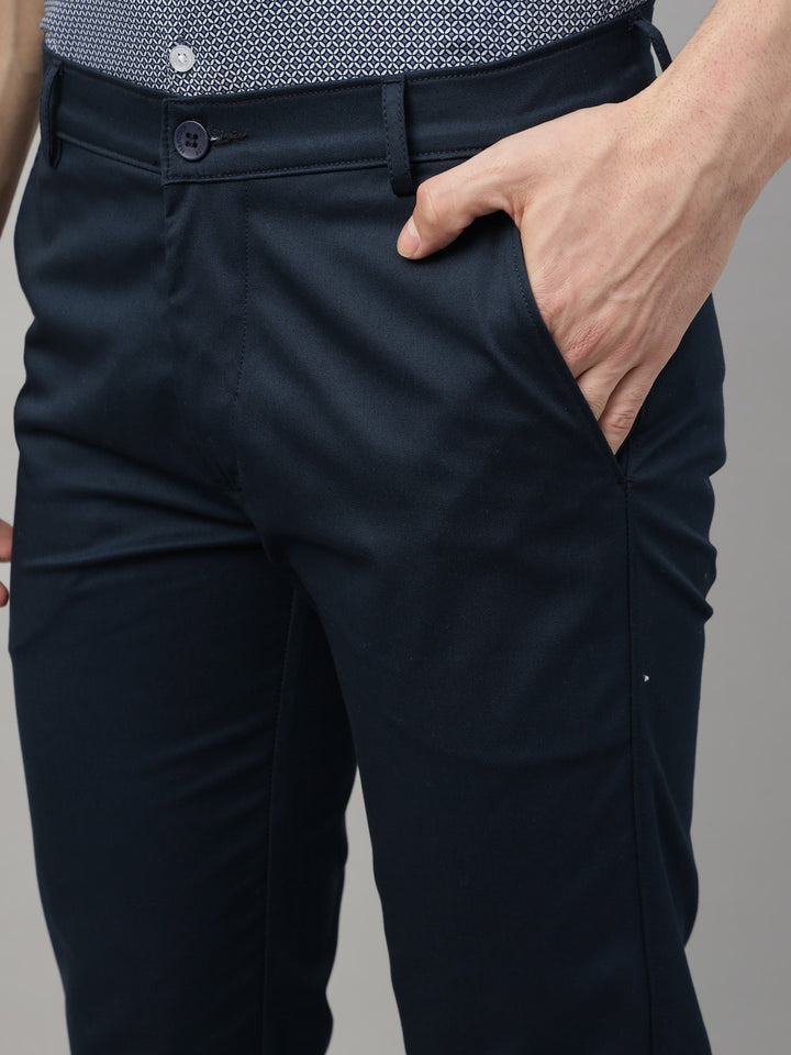 Hancock Men Navy Blue Solid Cotton Elastane Slim Fit Formal Trouser