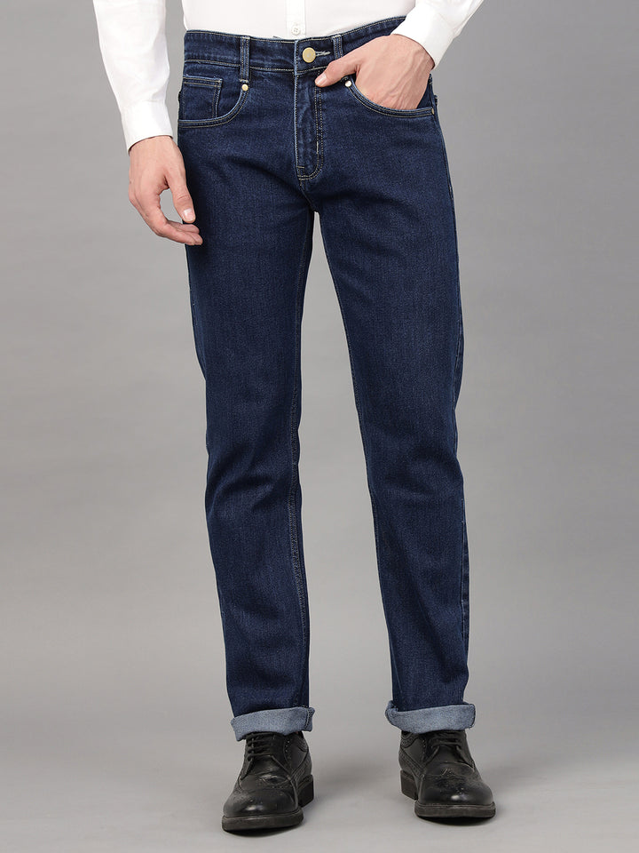 Hancock Men Dark Blue Solid Cotton Elastene Relaxed Fit Casual Pants Jeans