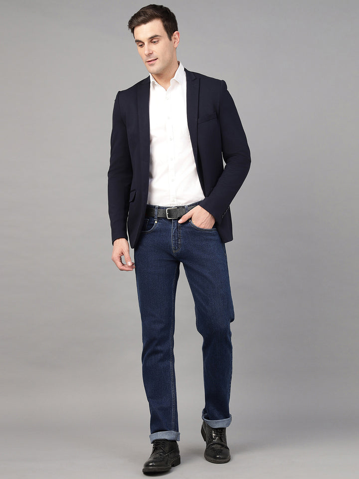 Hancock Men Dark Blue Solid Cotton Elastene Relaxed Fit Casual Pants Jeans
