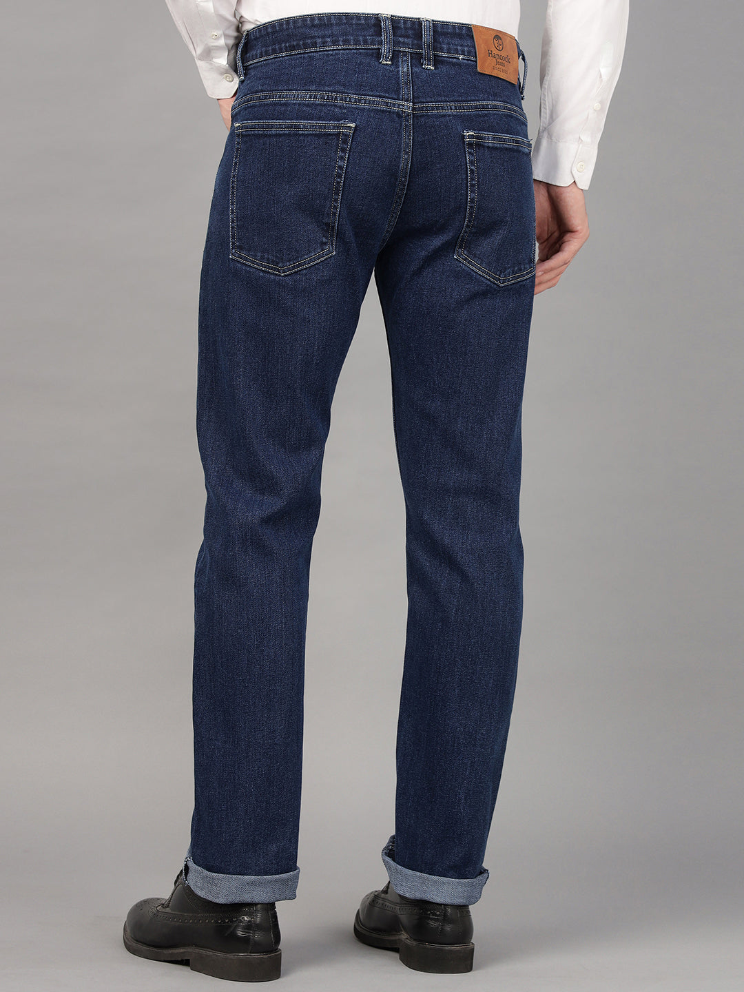 Hancock Men Dark Blue Solid Cotton Elastene Relaxed Fit Casual Pants Jeans