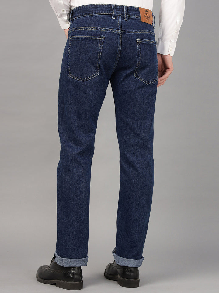 Hancock Men Dark Blue Solid Cotton Elastene Relaxed Fit Casual Pants Jeans