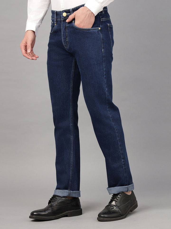 Hancock Men Dark Blue Solid Cotton Elastene Relaxed Fit Casual Pants Jeans