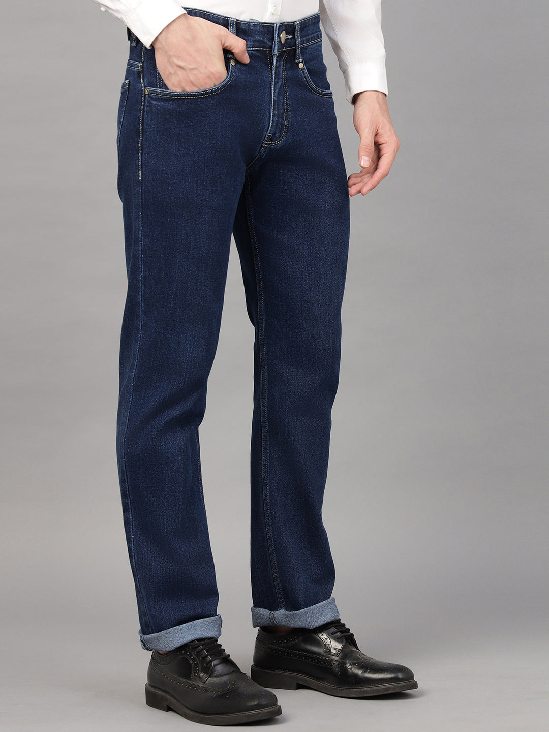Hancock Men Dark Blue Solid Cotton Elastene Relaxed Fit Casual Pants Jeans