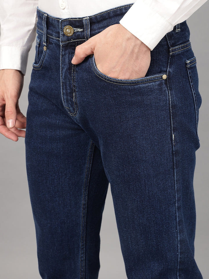 Hancock Men Dark Blue Solid Cotton Elastene Relaxed Fit Casual Pants Jeans