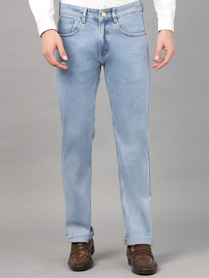 Hancock Men Light Blue Solid Cotton Elastene Relaxed Fit Casual Jeans
