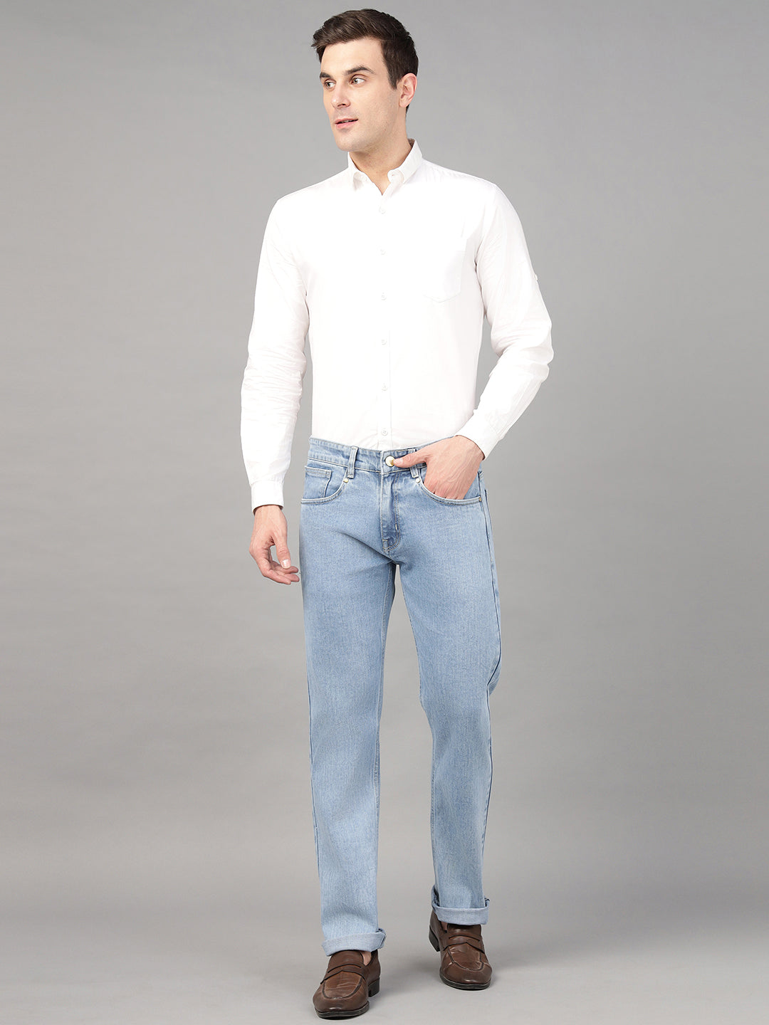 Hancock Men Light Blue Solid Cotton Elastene Relaxed Fit Casual Jeans