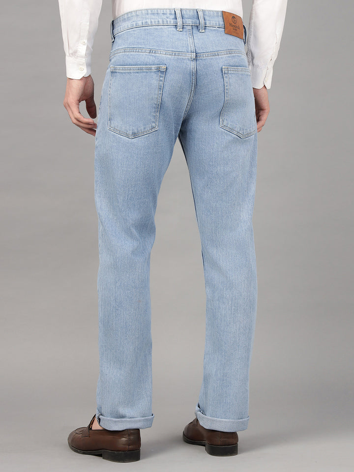 Hancock Men Light Blue Solid Cotton Elastene Relaxed Fit Casual Jeans