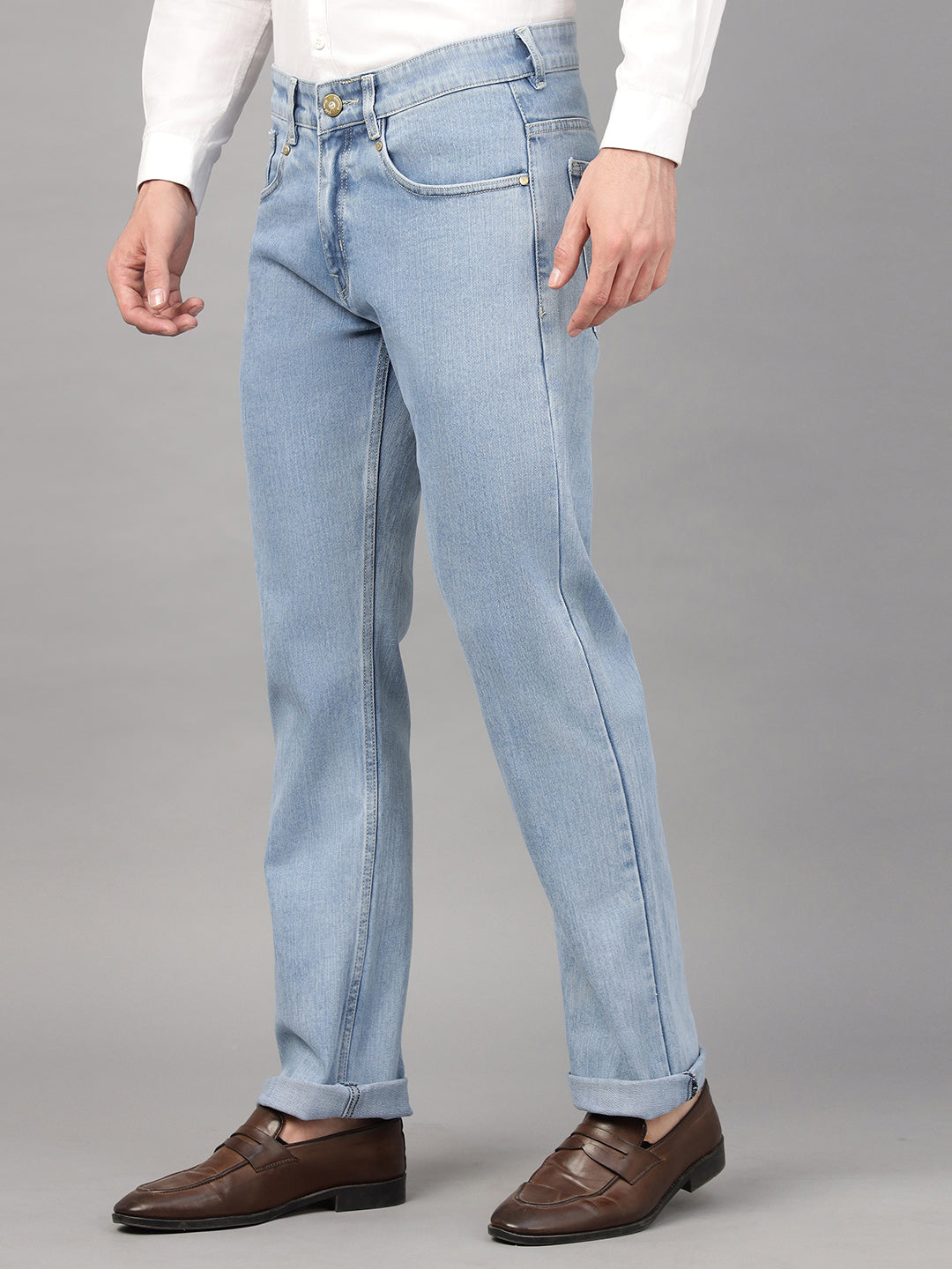 Hancock Men Light Blue Solid Cotton Elastene Relaxed Fit Casual Jeans