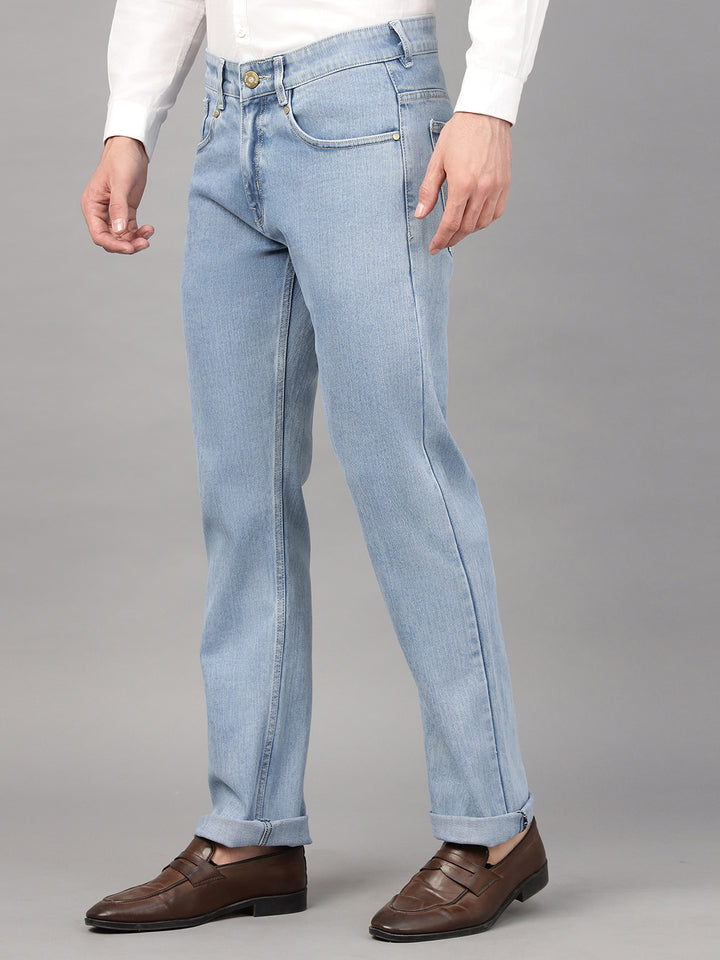 Hancock Men Light Blue Solid Cotton Elastene Relaxed Fit Casual Jeans