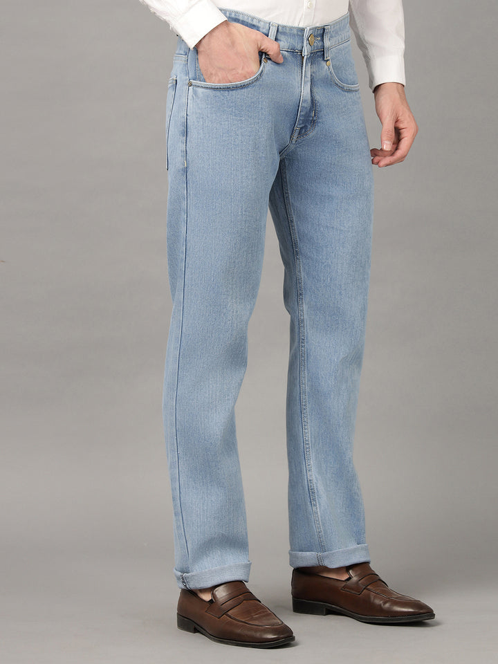 Hancock Men Light Blue Solid Cotton Elastene Relaxed Fit Casual Jeans