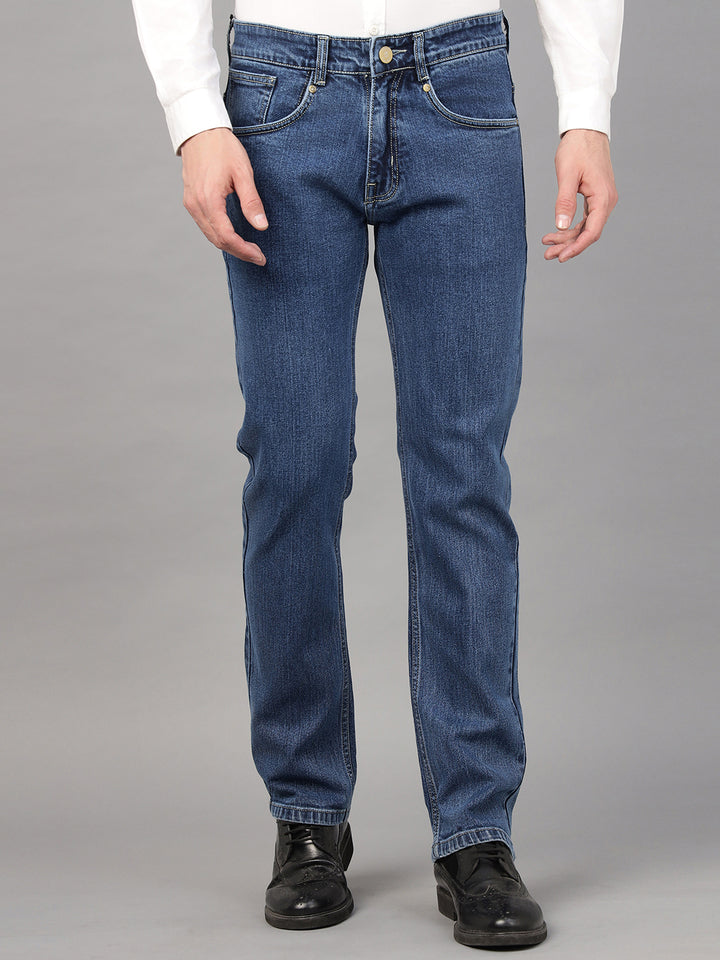 Hancock Men Medium Blue Solid Cotton Elastene Relaxed Fit Casual Jeans