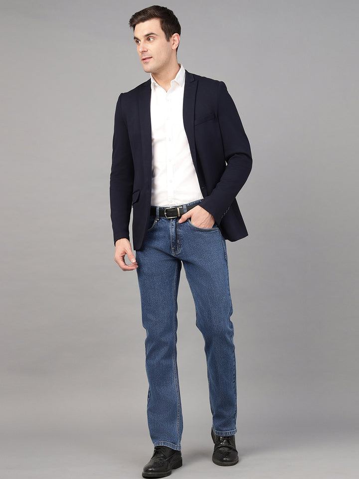 Hancock Men Medium Blue Solid Cotton Elastene Relaxed Fit Casual Jeans