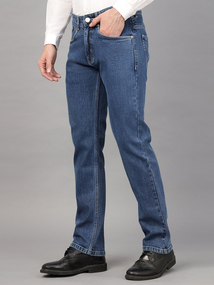 Hancock Men Medium Blue Solid Cotton Elastene Relaxed Fit Casual Jeans
