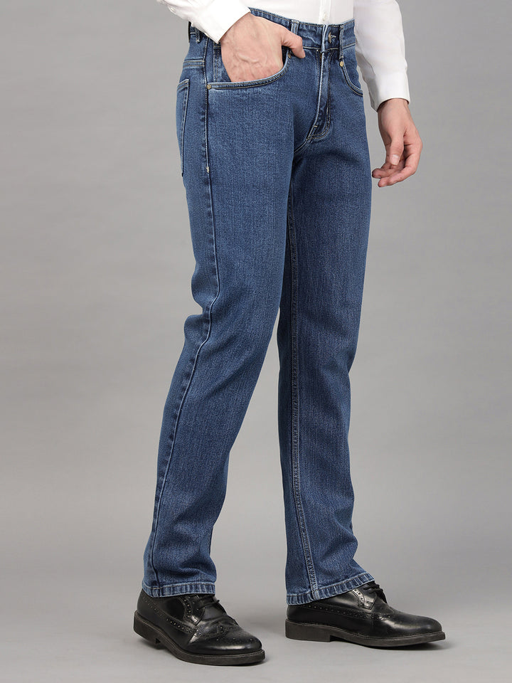 Hancock Men Medium Blue Solid Cotton Elastene Relaxed Fit Casual Jeans